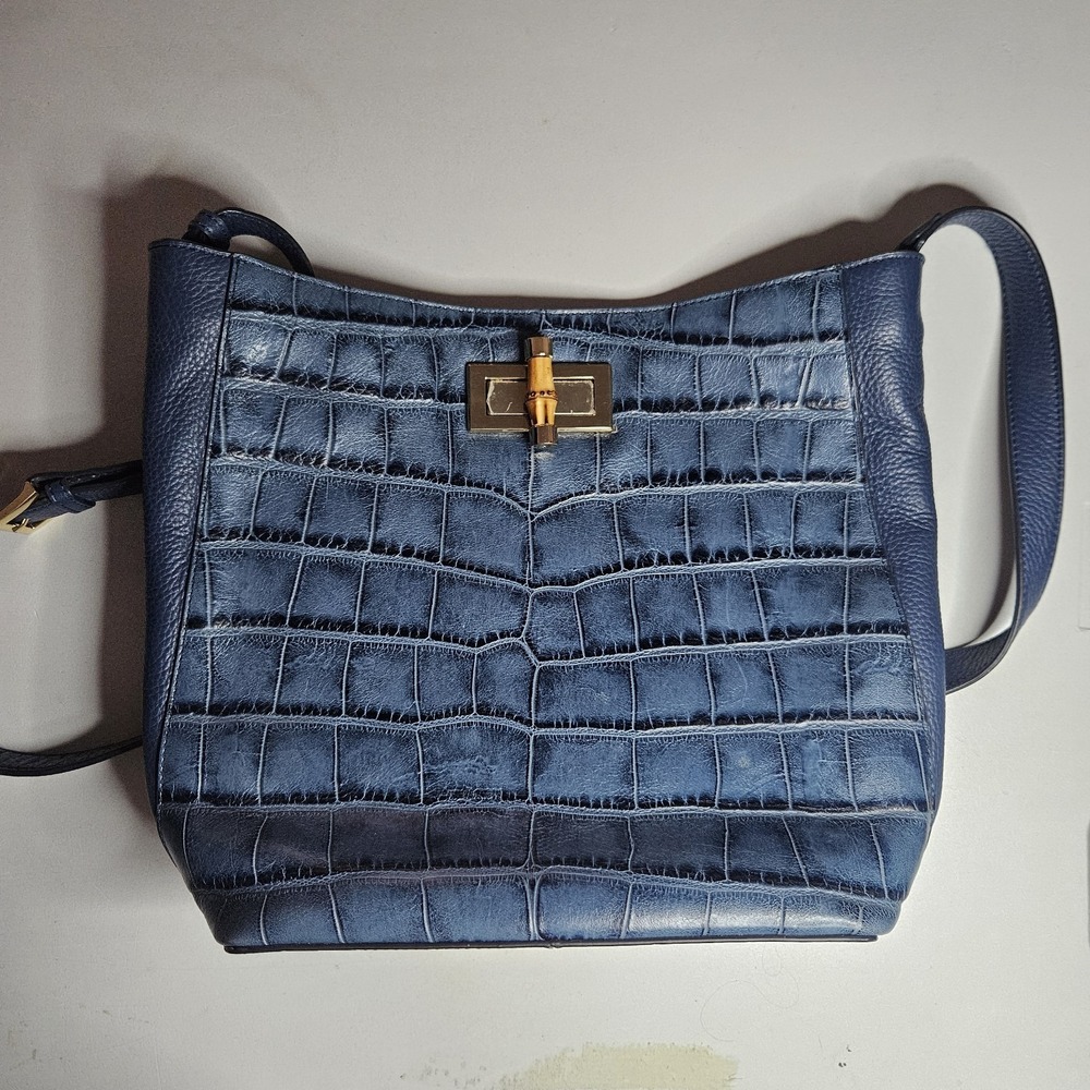 G.I.L.I. XL Navy Leather Handbag Croc Embossed Shoulder Bag Bamboo Turn Lock